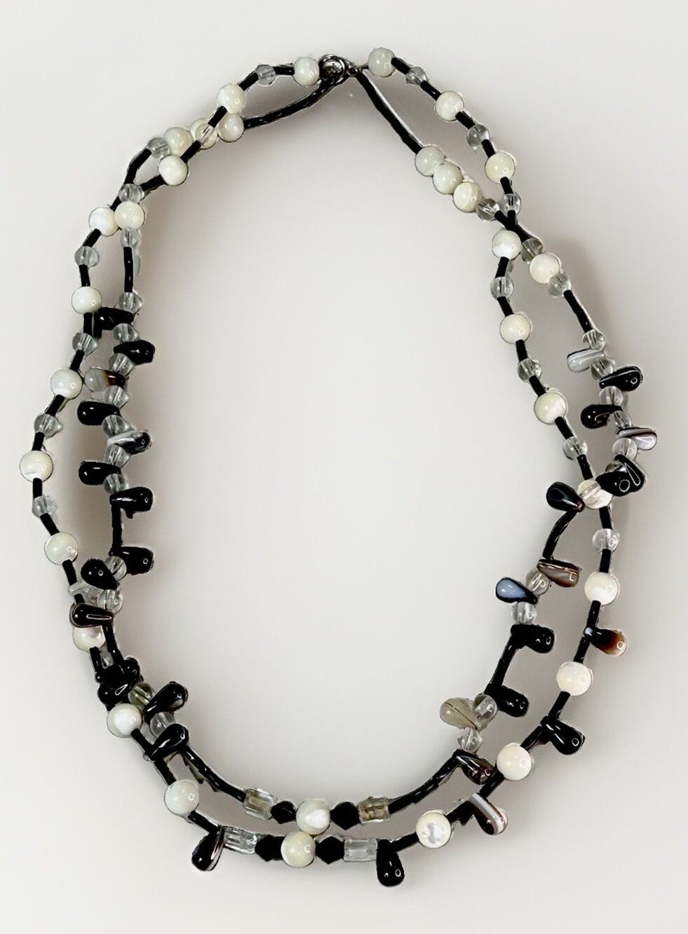 VTG Layered Beaded Necklace White Shell Clear Crystal Smoky Quartz Agate